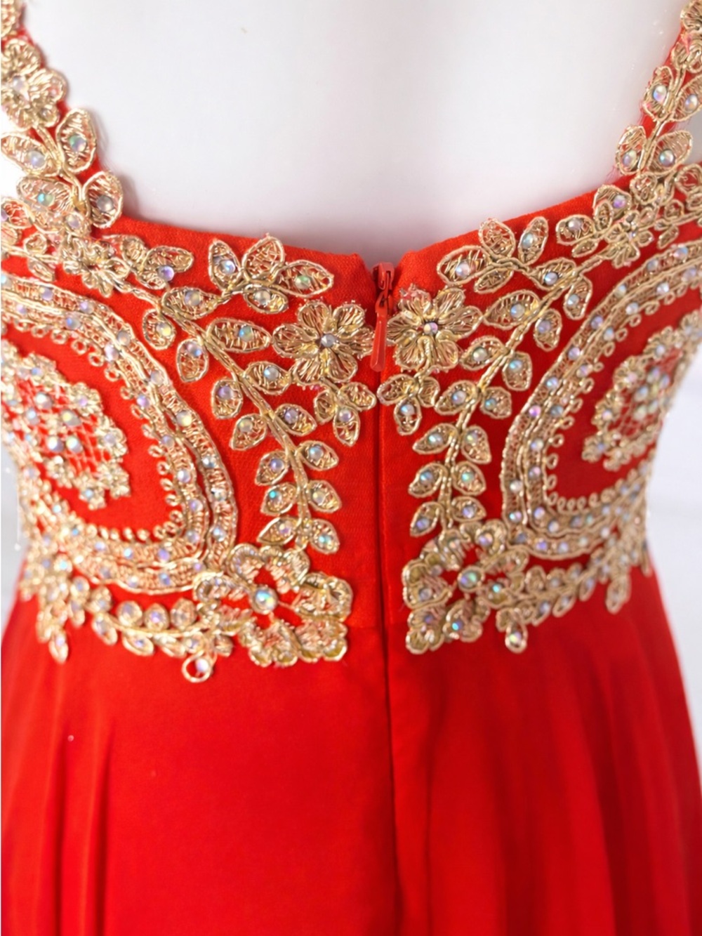 💎 ANNY LEE - LIKE NEW Red Gold Embroidered Prom Princess Formal Maxi Dress Sz S - Picture 8 of 10